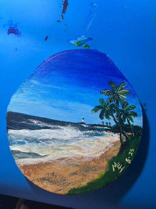 Playa de Barrio Obrero Arecibo La Cruz Roja Paisaje pintado en madera -La Cruz Roja Barrio Obrero Beach in Arecibo  Puerto Rico Land scape wood painting