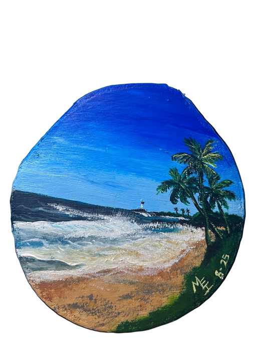 Playa de Barrio Obrero Arecibo La Cruz Roja Paisaje pintado en madera -La Cruz Roja Barrio Obrero Beach in Arecibo  Puerto Rico Land scape wood painting