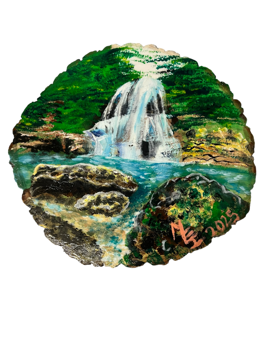 Cascada Gozalandia en San Sebastían Paisaje pintado en madera - Waterfall Gozalandía in San Sebastían Puerto Rico Land scape wood painting